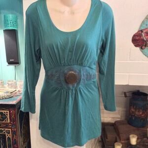 VINTAGE 90'S Y2K VERTIGO PARIS TEAL TUNIC TOP W/ METAL WAIST MEDALLION S